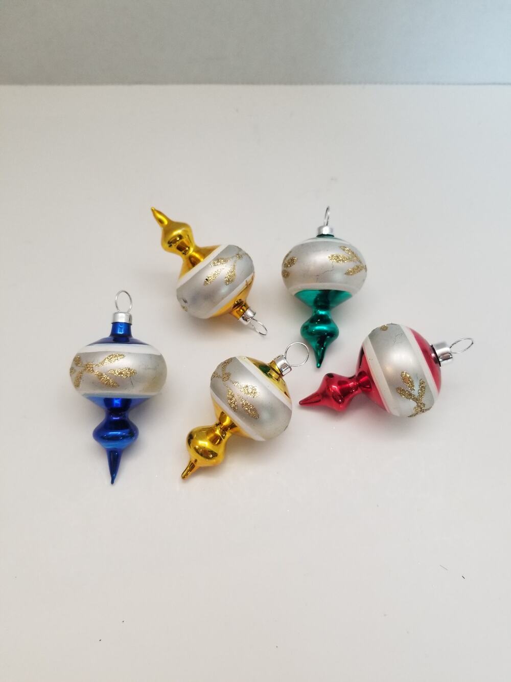 5 Vintage Mini Glass Ornaments MCM Ball Finial Drop Gold Glitter Multicolor